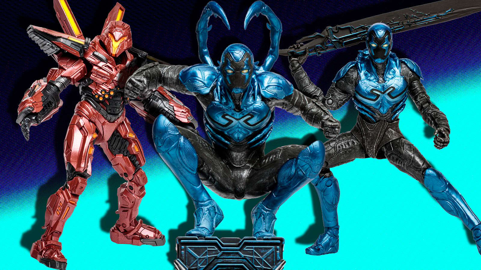 A collage of Blue Beetle figures from DC Multiverse.