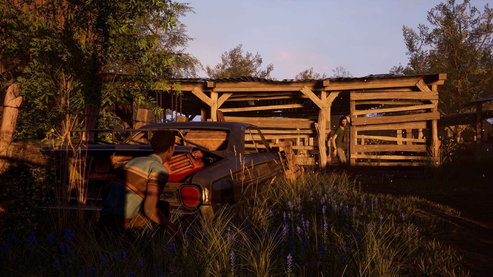 A screenshot from The Texas Chain Saw Massacre game featuring a victim hiding from a killer.