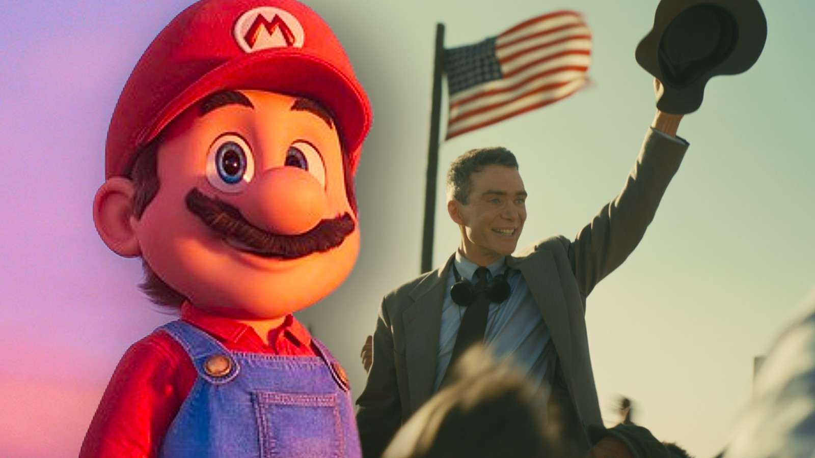 Stills from The Super Mario Bros Movie and Oppenheimer, two movies showing as part of National Cinema Day 2023