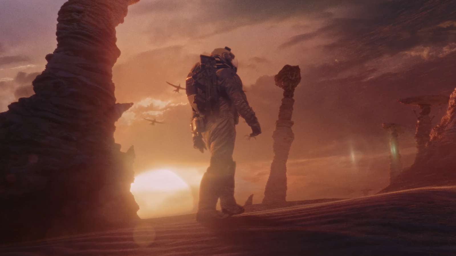 Screenshot of a man walking on another planet in Starfield's live action trailer