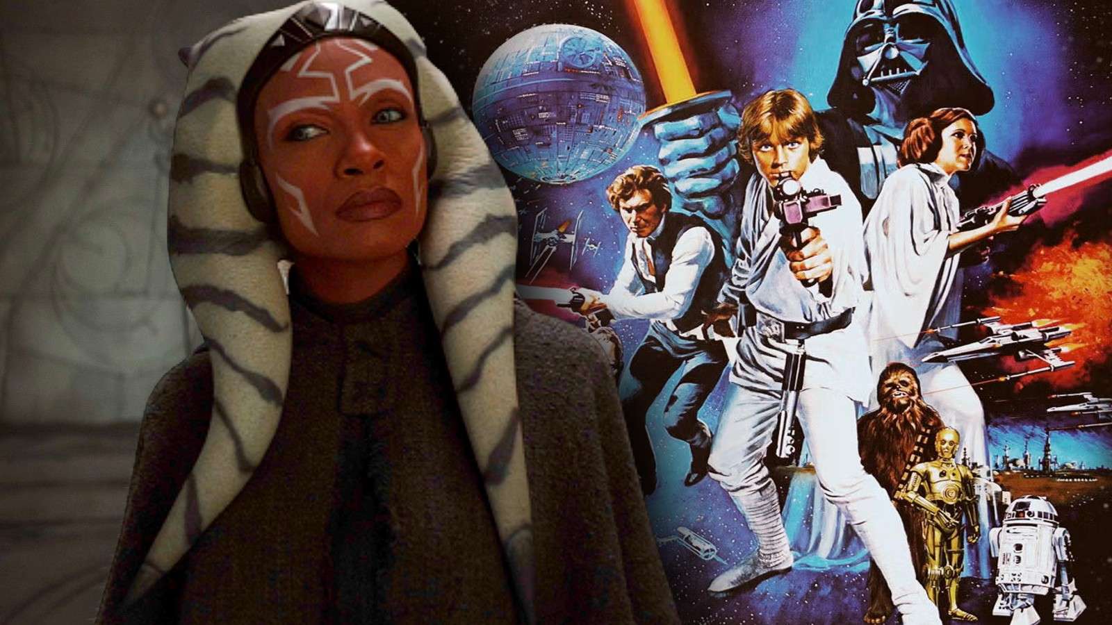 Rosario Dawson as Ahsoka and the poster for Star Wars