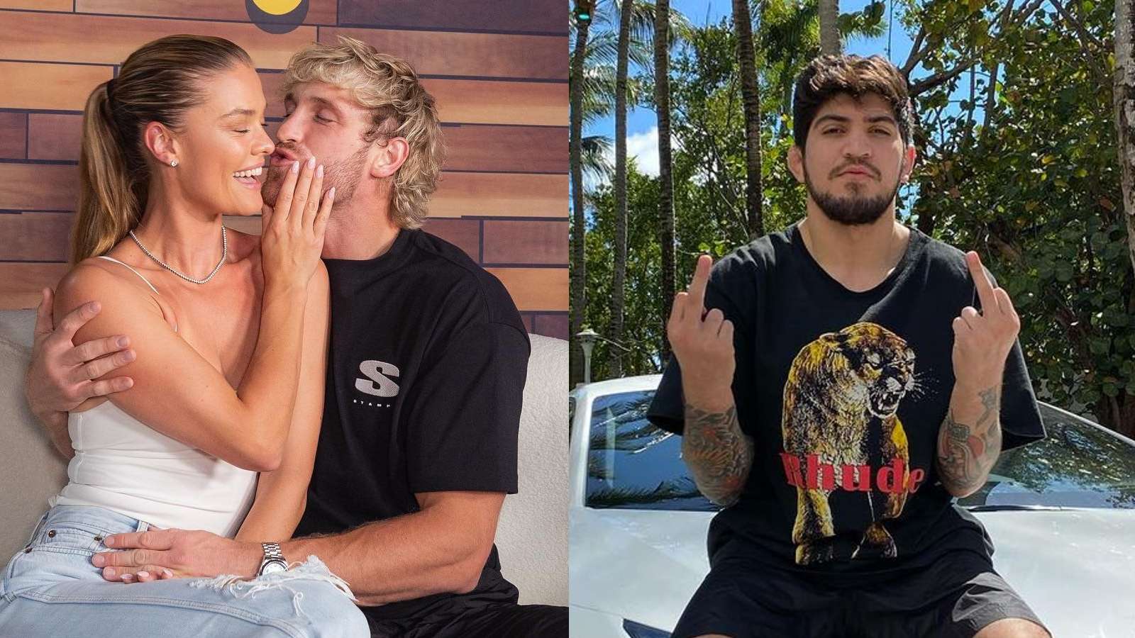 Logan Paul with Nina Agdal on Impaulsive, next to picture of Dillon Danis with middle fingers up