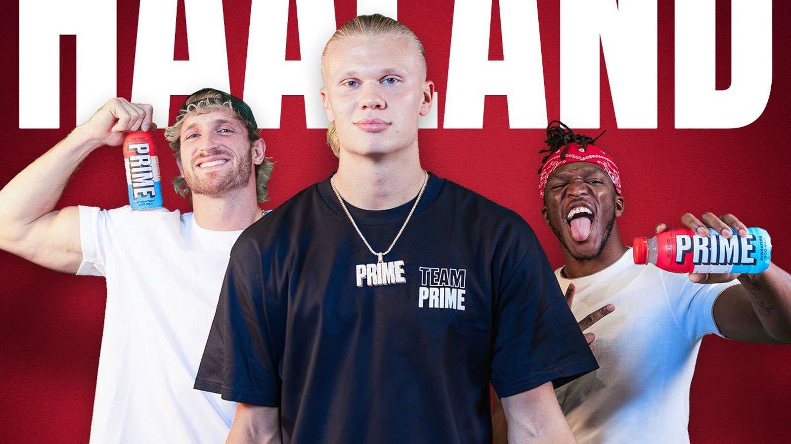 Erling Haaland wearing Prime chain next to KSI and Logan Paul