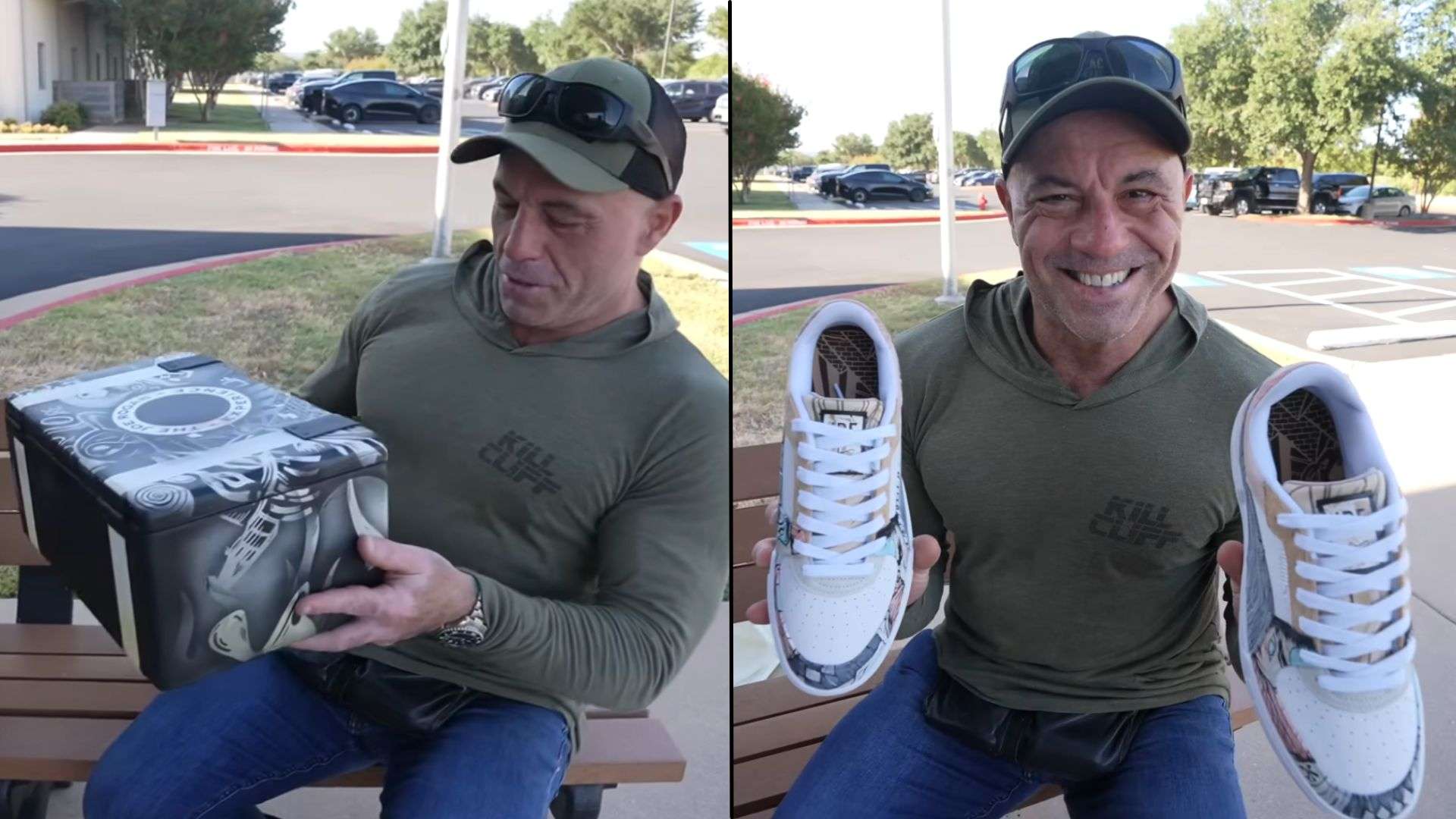 Joe Rogan in green shirt holding custom puma sneakers at camera
