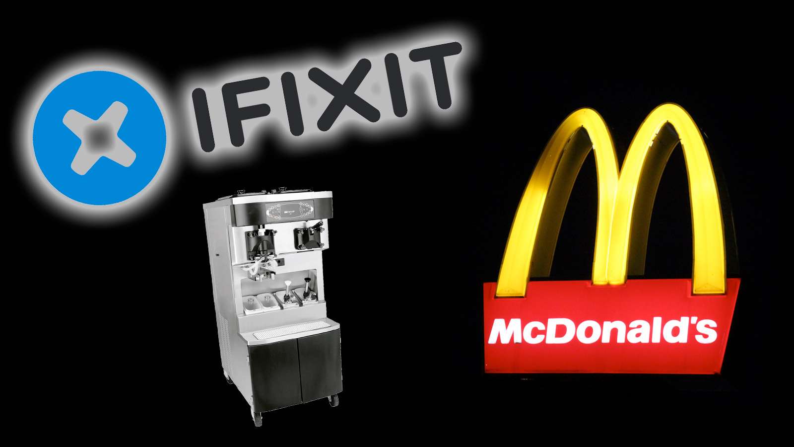 ifixit logo, mcdonald's arch and machine