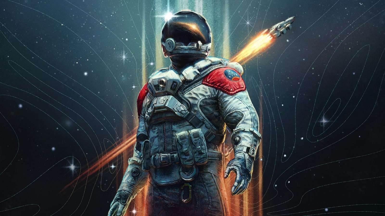 Starfield spacesuit and rocket