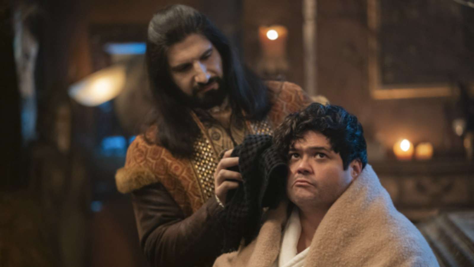 Kayvan Novak and Harvey Guillén in What We Do in the Shadows