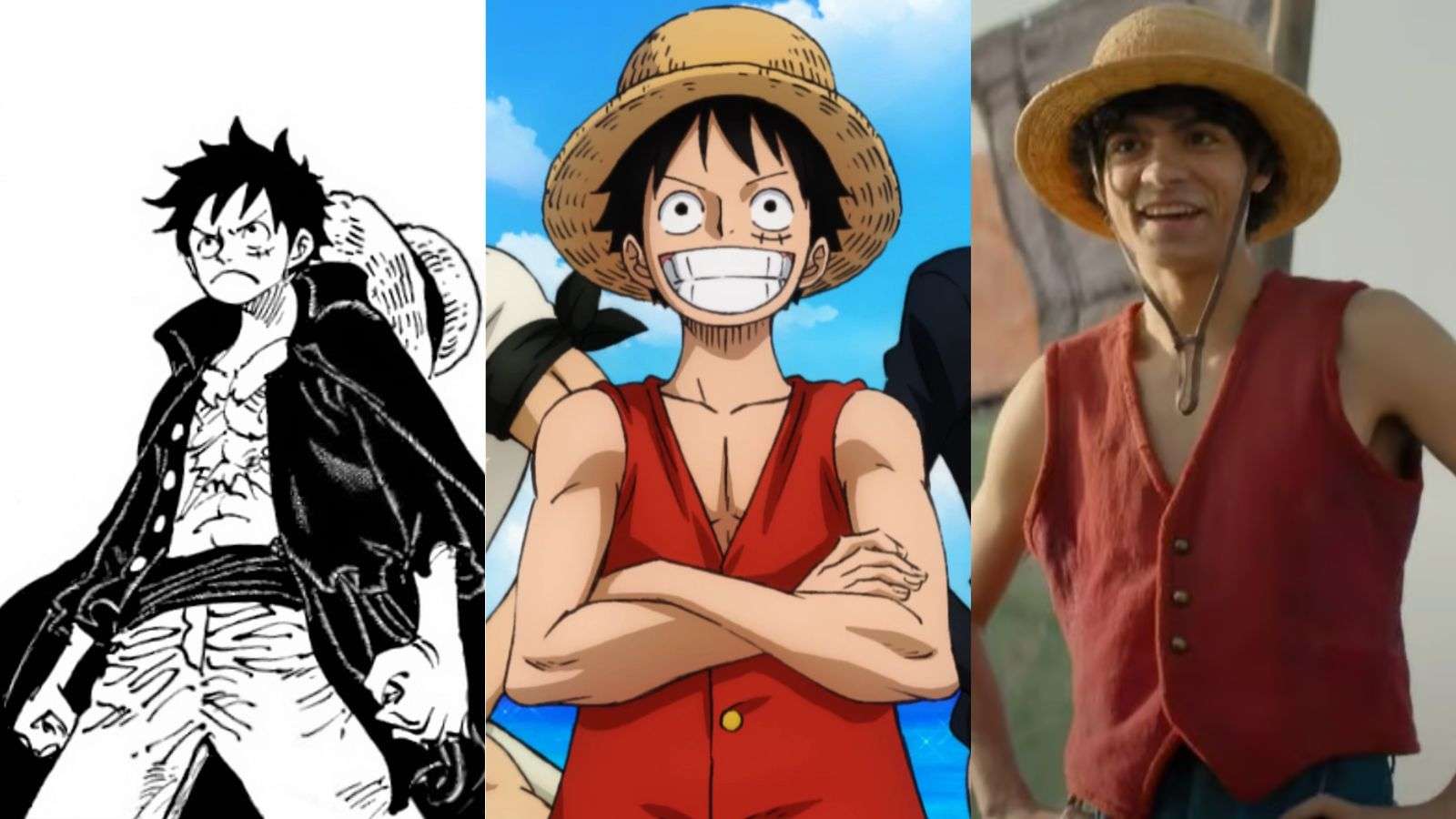An image of Luffy from manga, anime, and live-action of One Piece