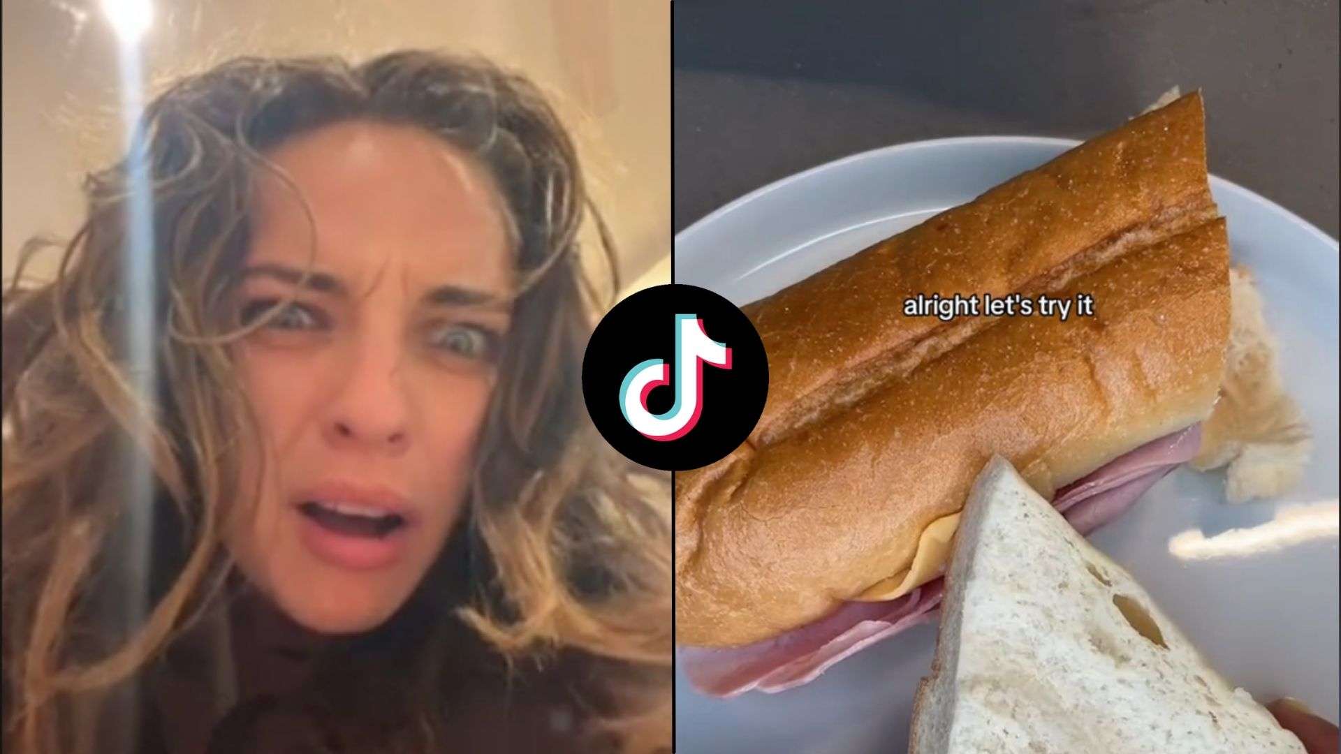 TikTok logo with sandwich and woman looking confused on either side