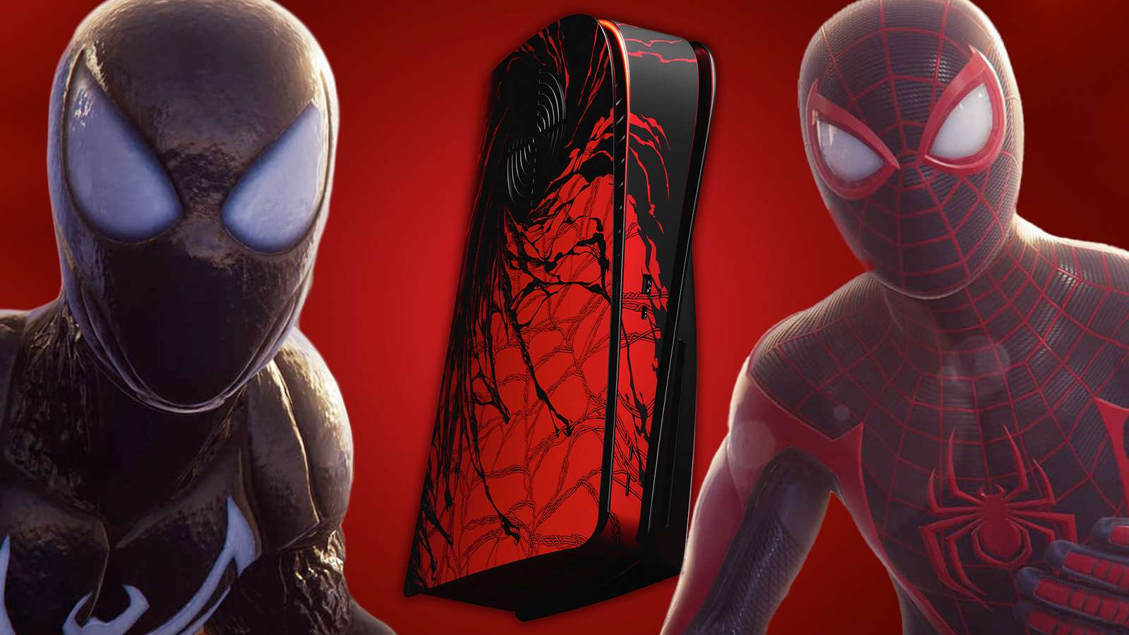 Spider-Man in black suit, and Spider-Man in a red and black suit, with a PS5 with dbrand's skin on it