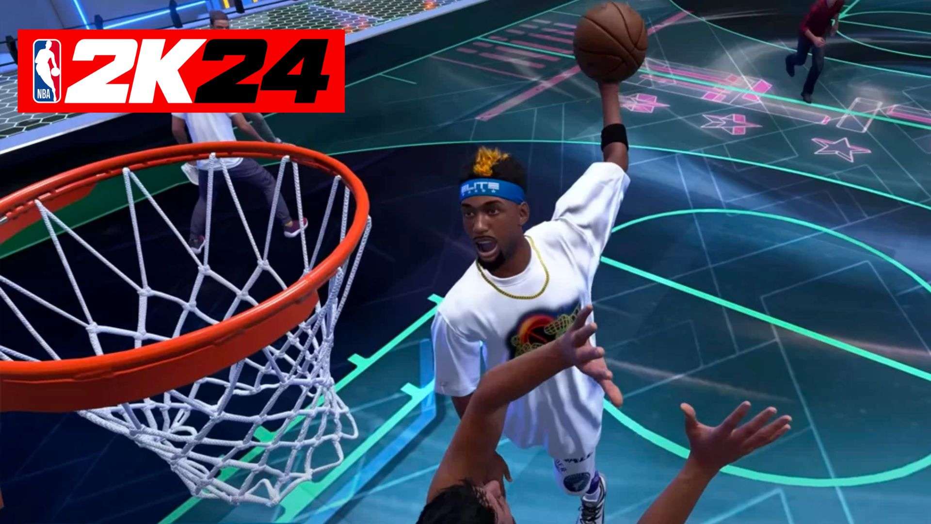 NBA 2K player dunking on opponent in Elite park in 2k24 with red logo