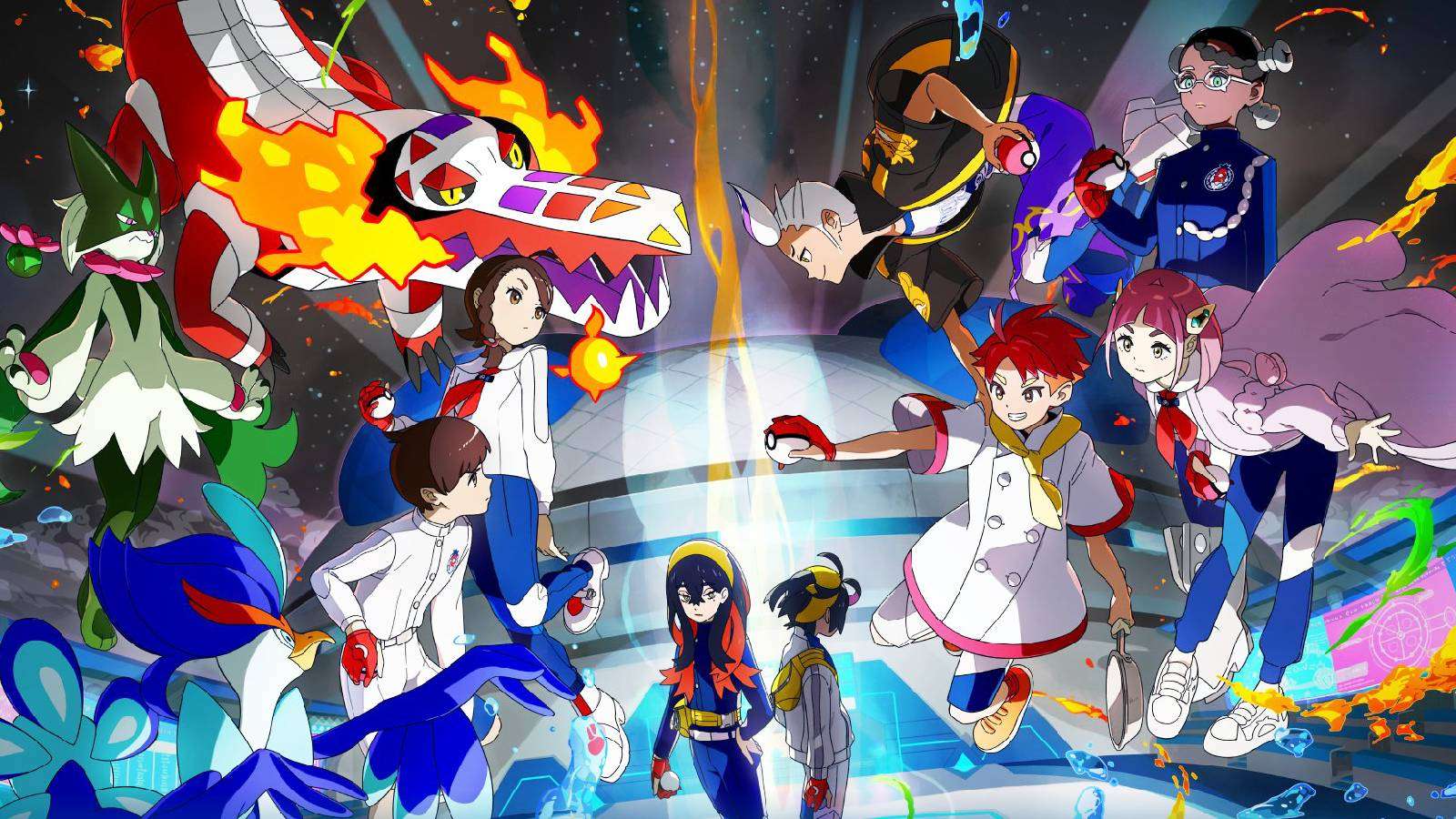 Key art for Pokemon Scarlet and Violet DLC 2 The Indigo Disk shows several trainers and their Pokemon