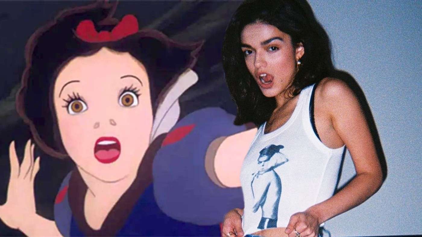 Still from Disney's original Snow White and image of Rachel Zegler