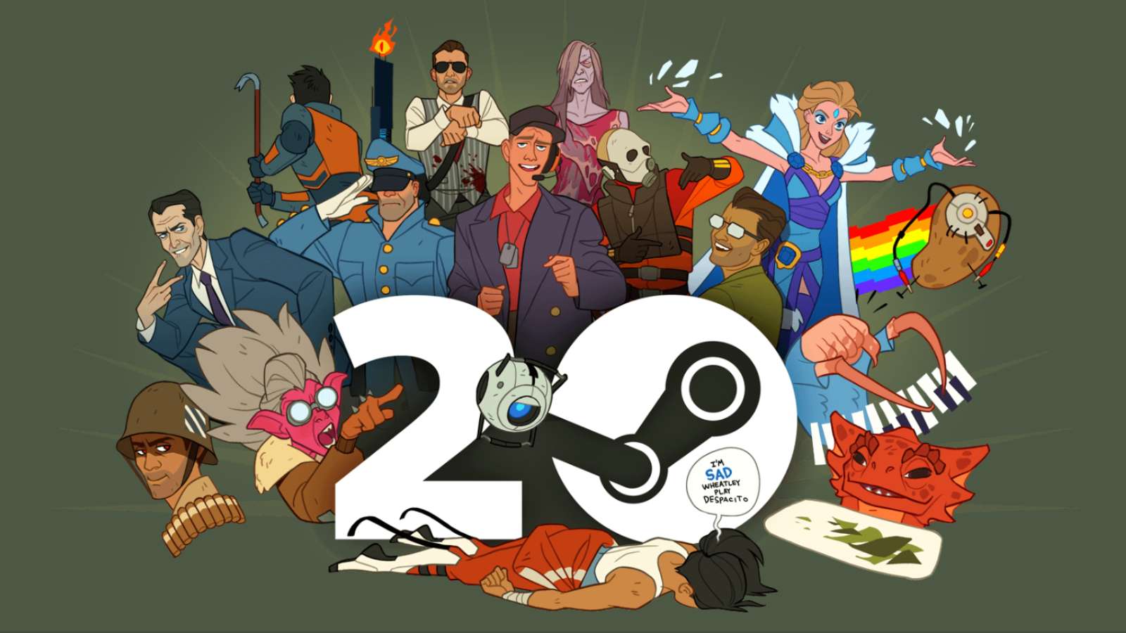 Artwork for Steam's 20th anniversary featuring characters from TF2, Half-Life, Portal, and more