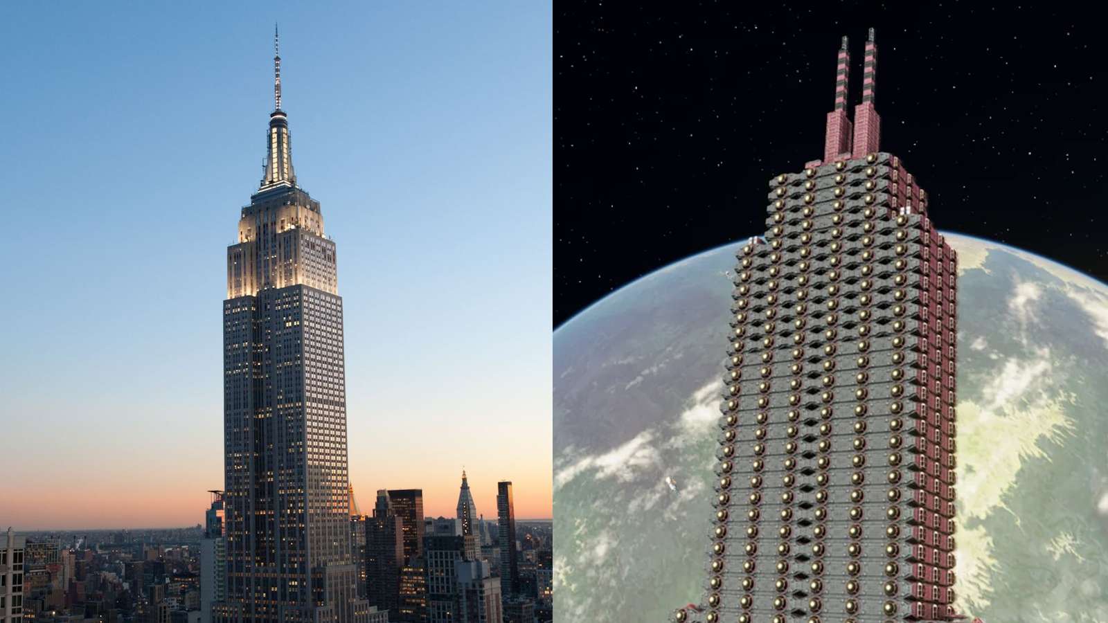 The Empire State Building (left) and the Empire Space Building ship in Starfield (right).