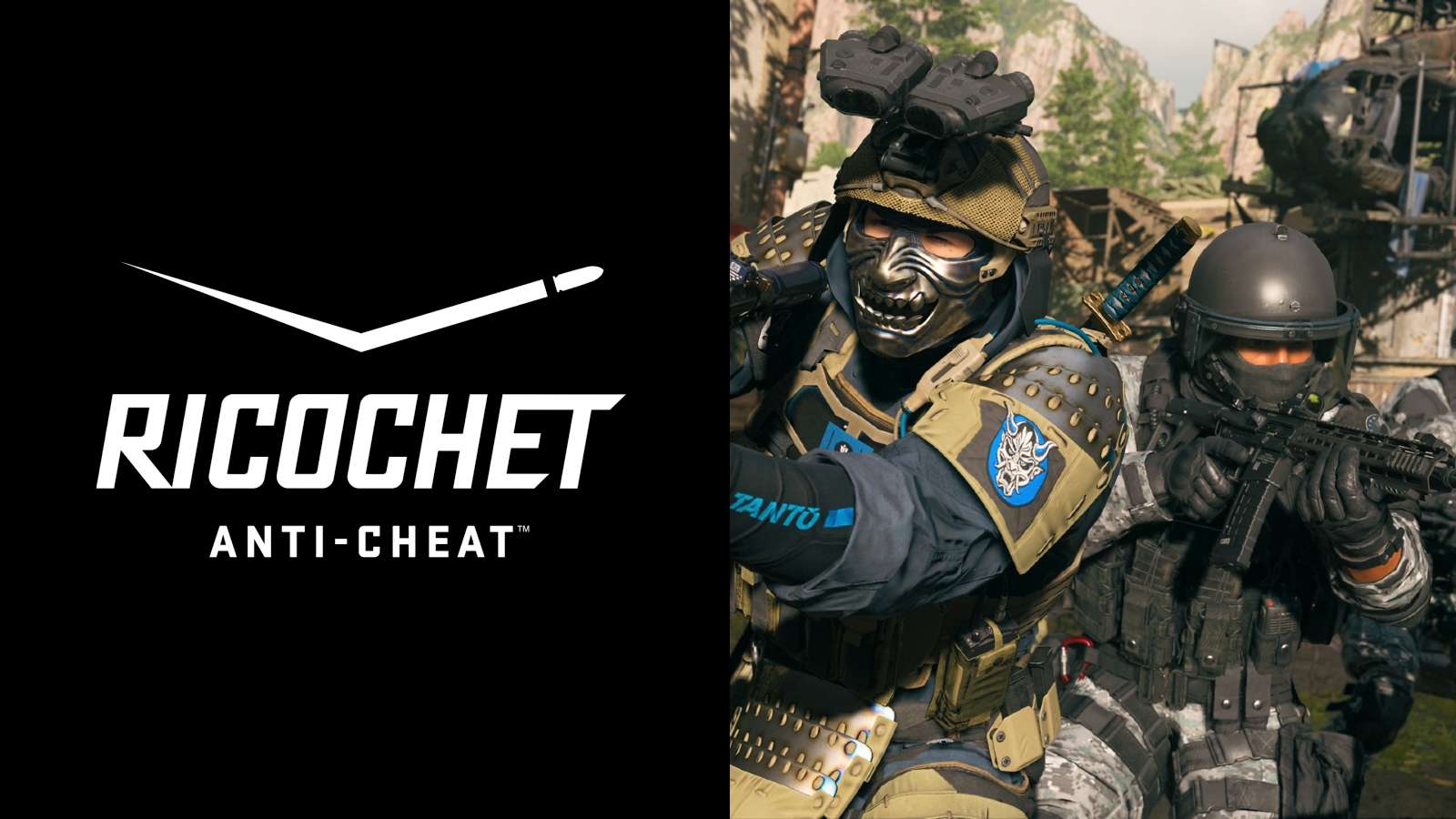 ricochet logo on black background with generic image of Modern Warfare 2 operators
