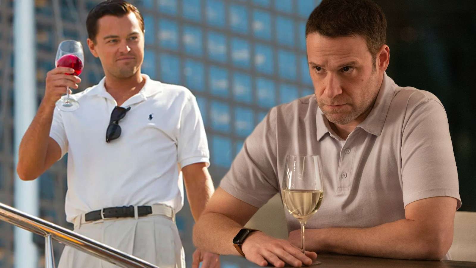 Leonardo DiCaprio in The Wolf of Wall Street and Seth Rogen in Dumb Money