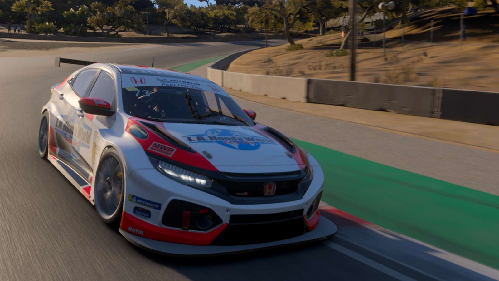 Honda Civic racing car on Laguna Seca in Forza Motorsport's Featured Multiplayer Qualifier Series.