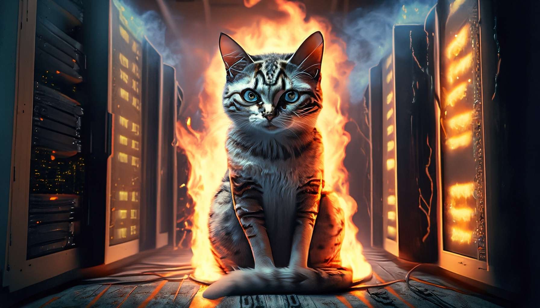 Illustration of a cat in a burning server room