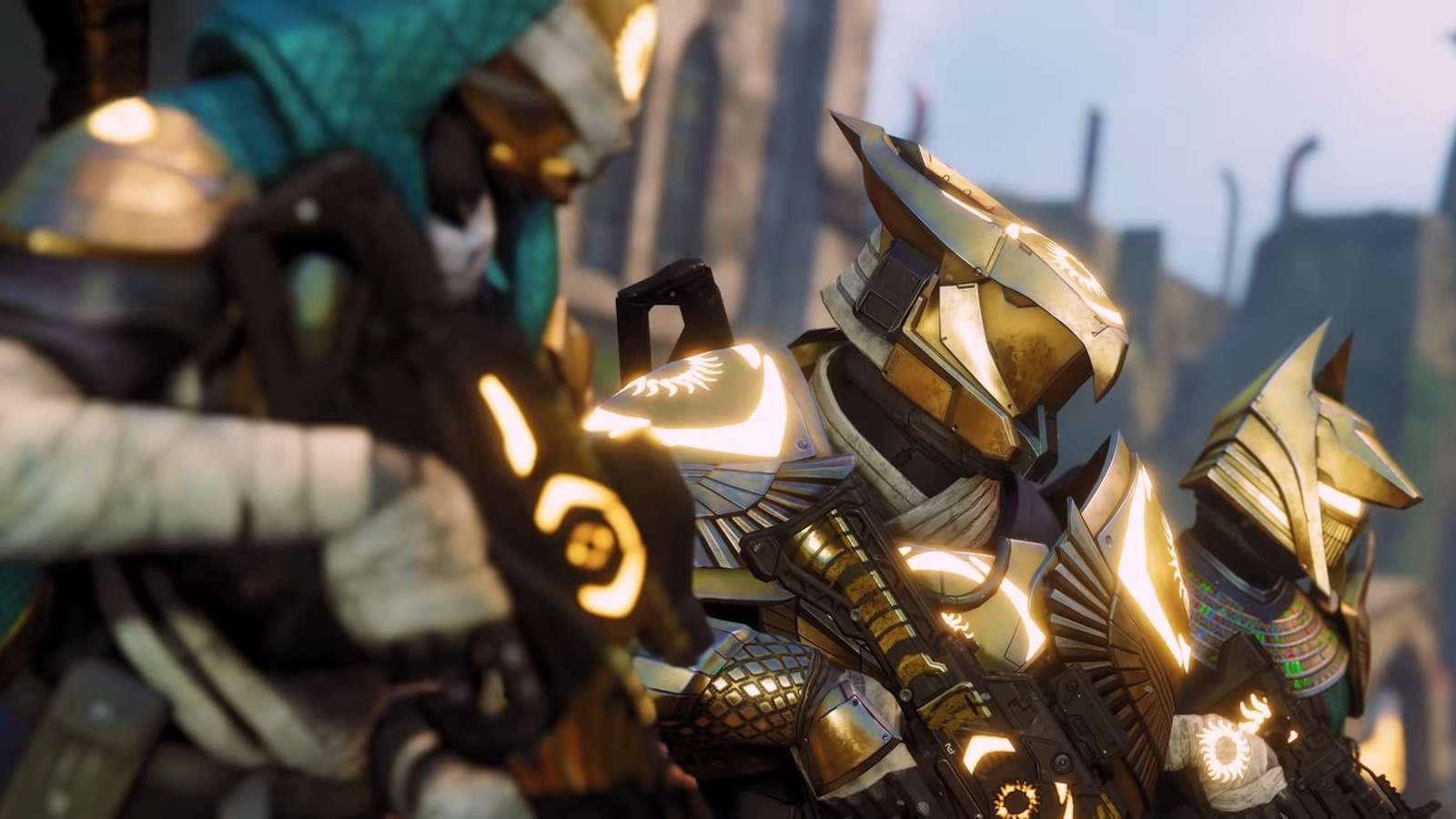 Three Guardians wearing Trials of Osiris armor sets in Destiny 2.