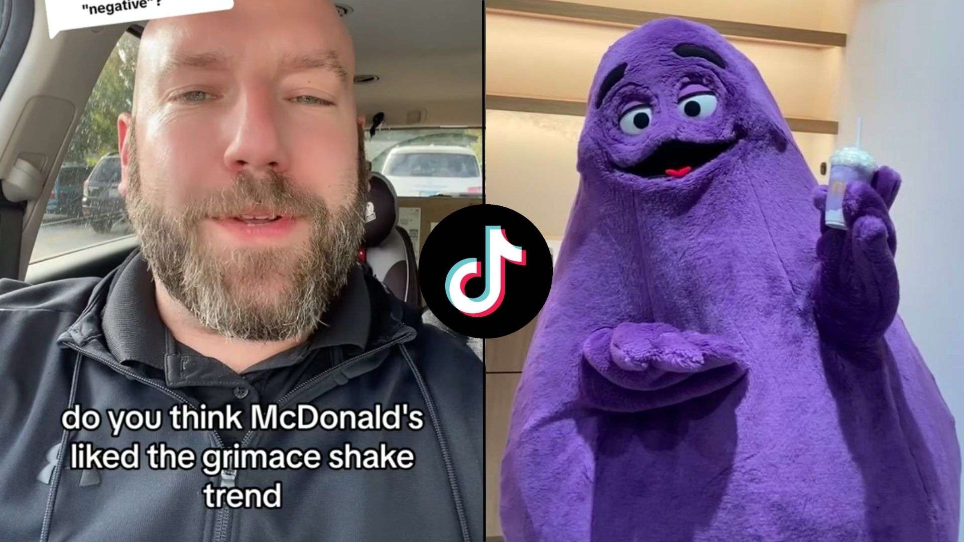Bald man sat in car talking to camera next to purple grimace character holding Milkshake in McDonald's