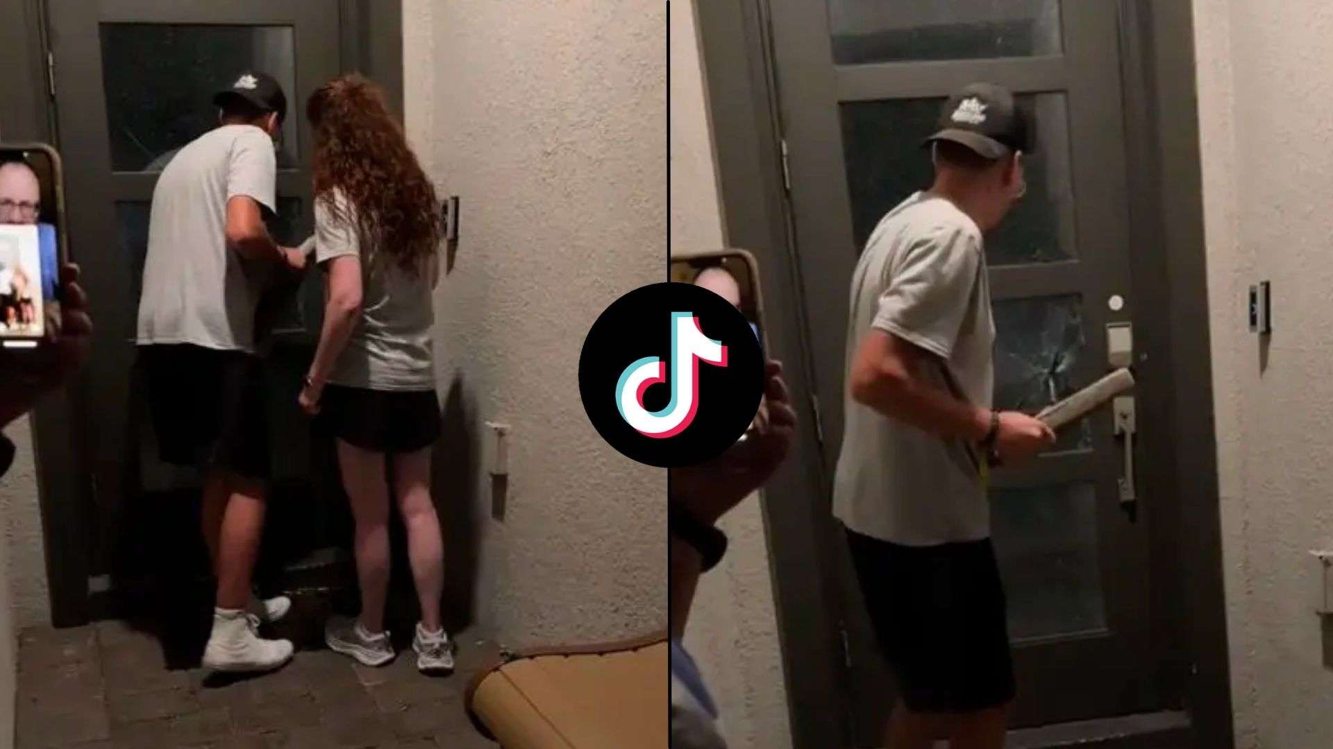 Man and woman standing outside door smashing it to get inside