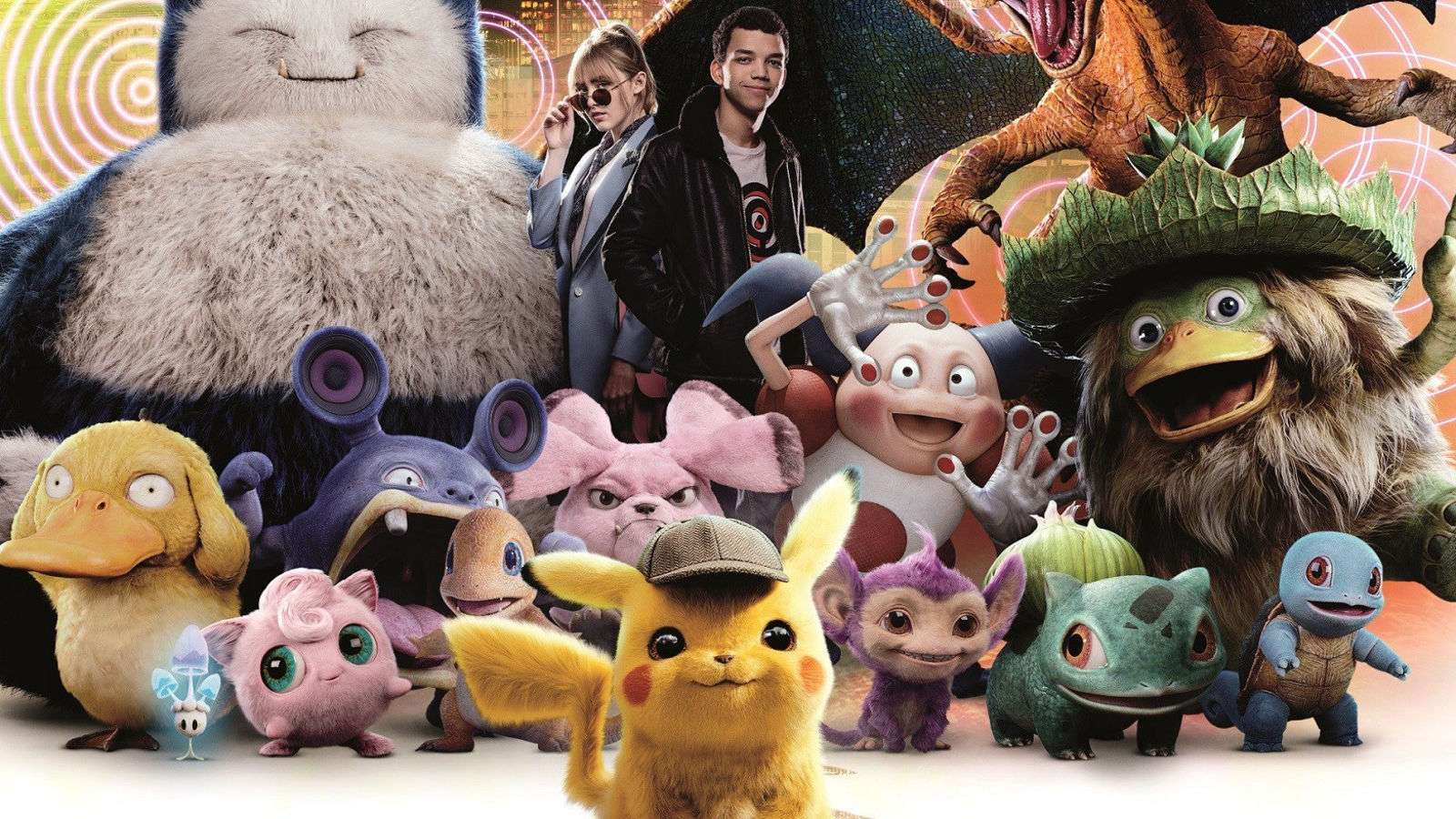 Detective Pikachu surrounded by Pokemon