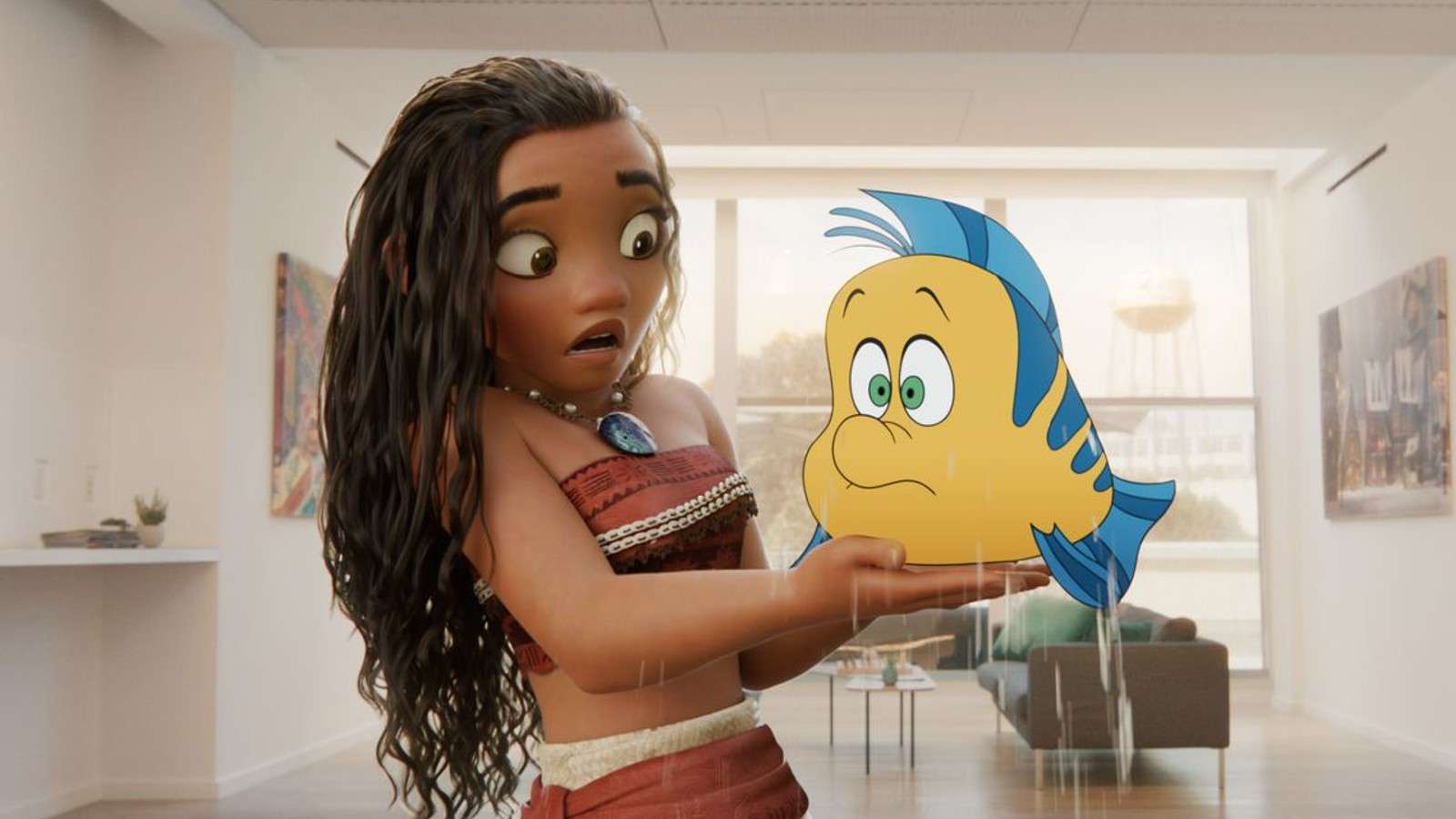 Moana holding a fish in Once Upon a Studio.