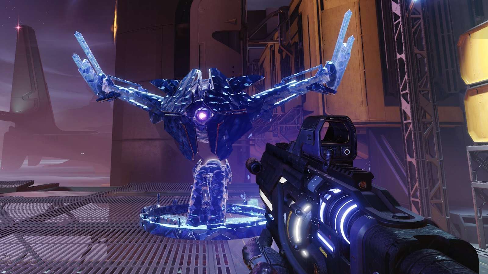 Chill Clip Riptide freezing large Vex enemy in Destiny 2.