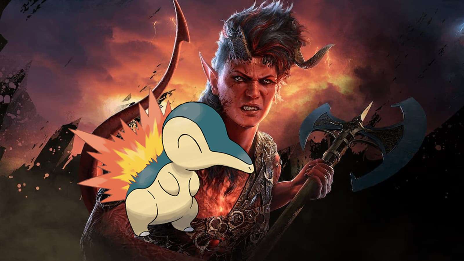 Karlach with a Cyndaquil from Pokemon in Baldur's Gate 3