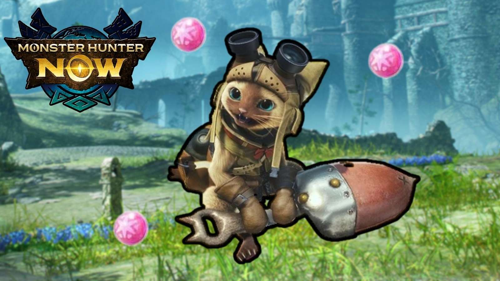 Palico sitting on grass with Paintballs