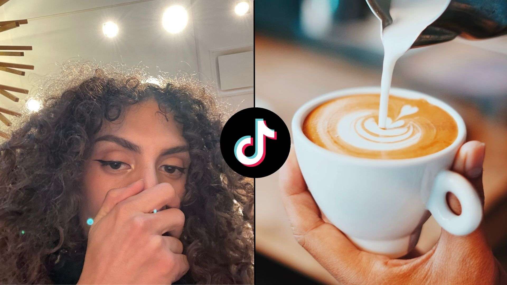 TikToker holding her face next to coffee being poured into cup