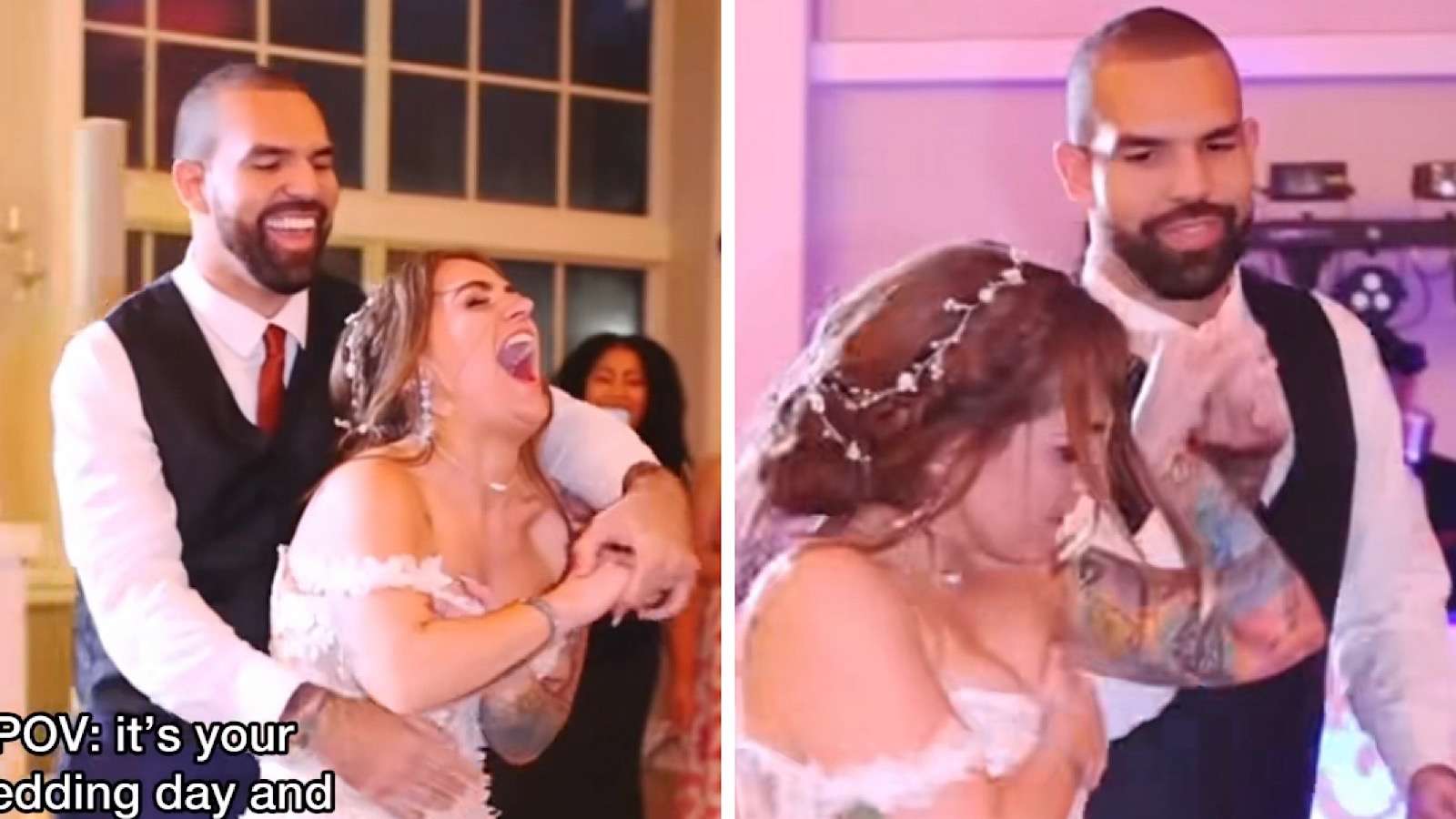 bride's dress falls apart during wedding dance