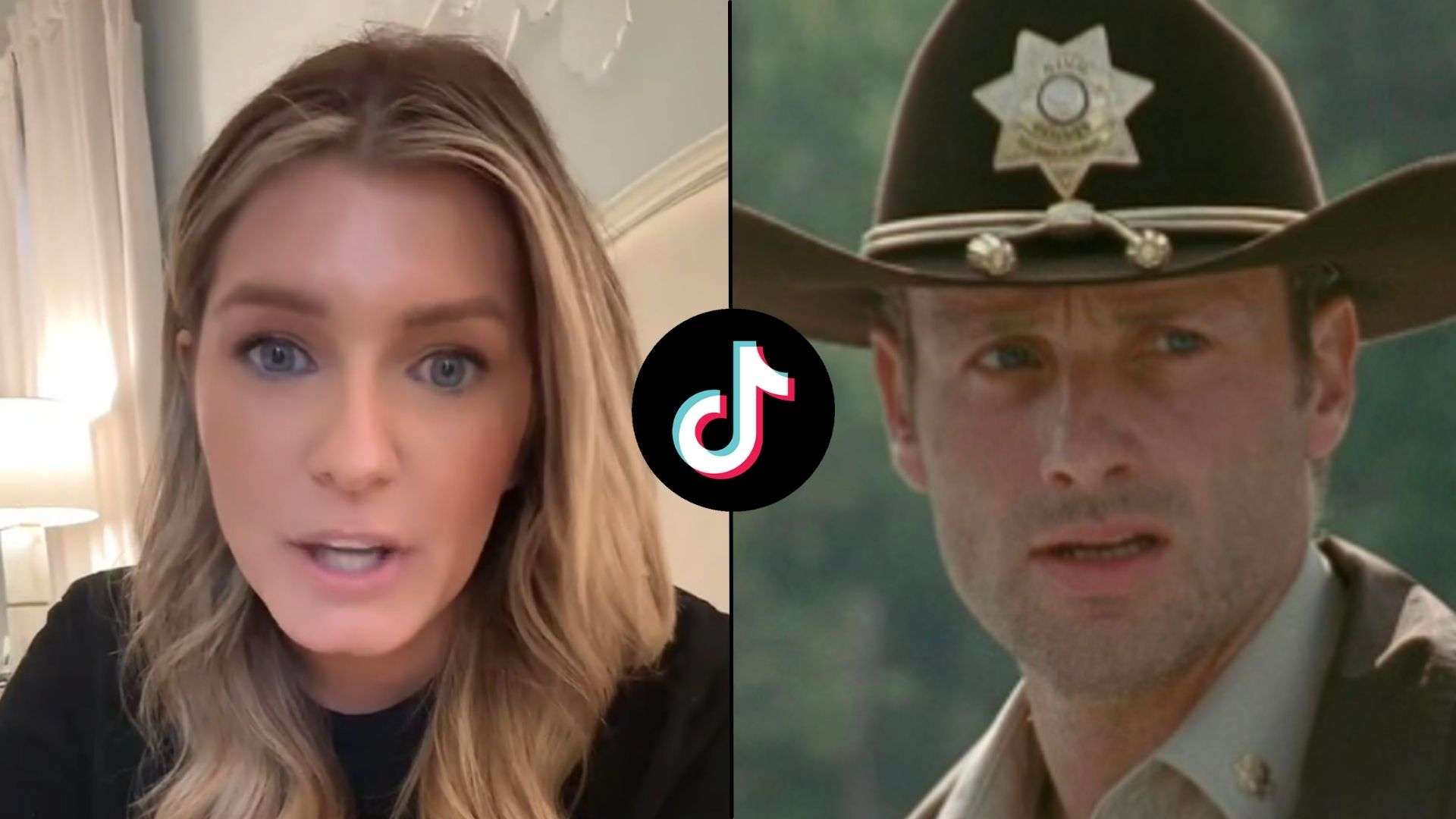 Woman talking to camera side by side with Rick from Walking Dead and TikTok logo