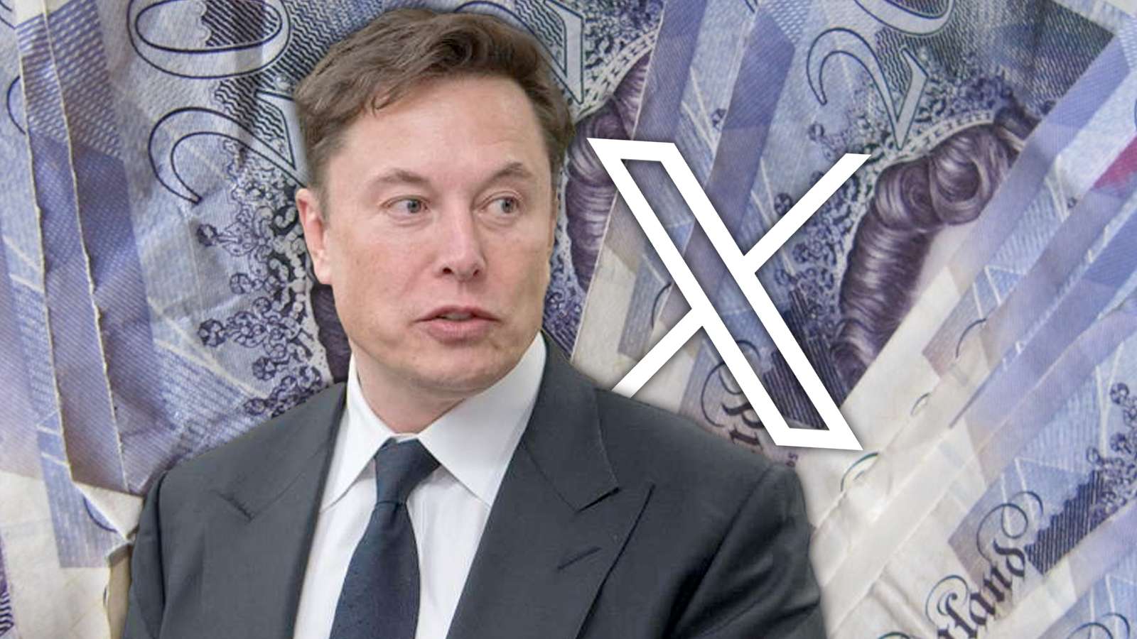 elon musk with cash behind him and the x logo