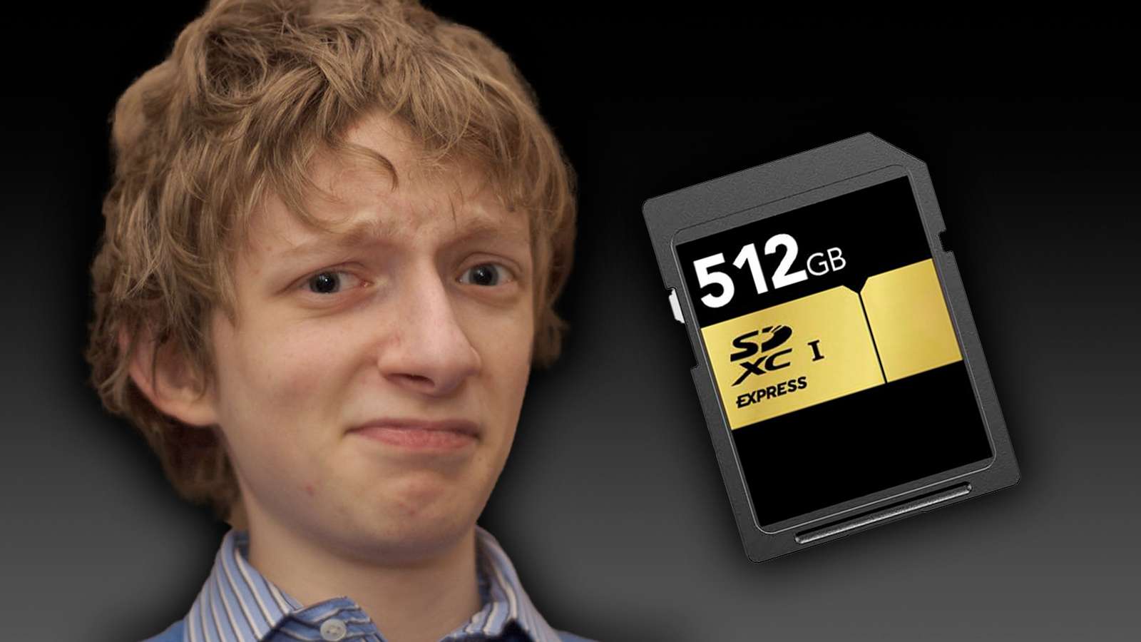 microsd express card represented by a large sd card with a confused boy next to it