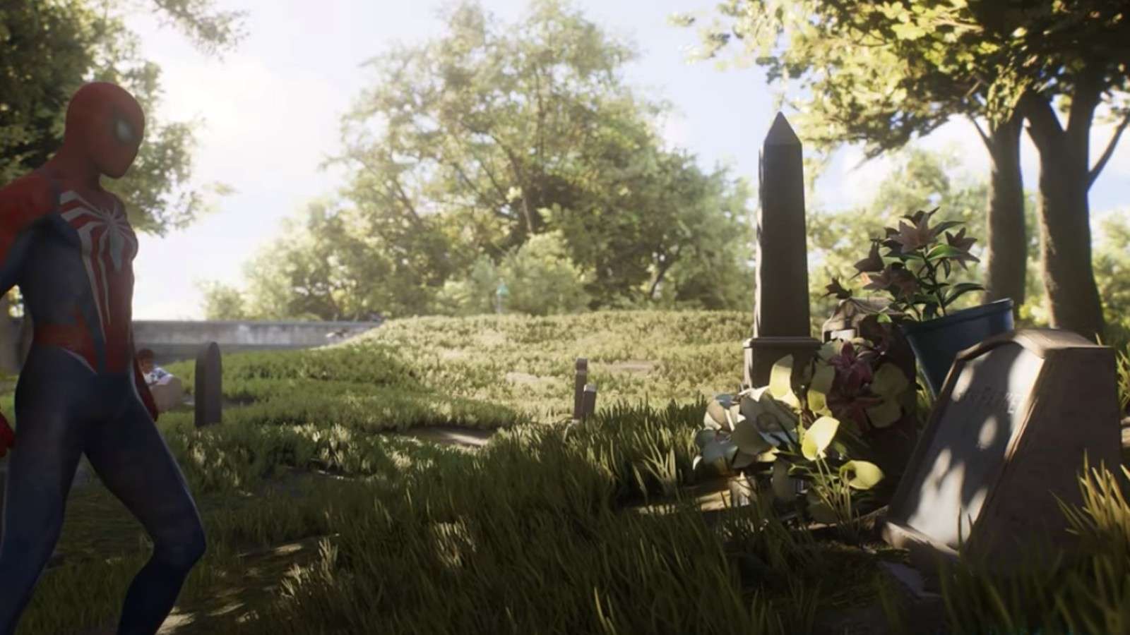 An image of Peter Parker at Aunt May's grave in Marvel's Spider-Man 2.