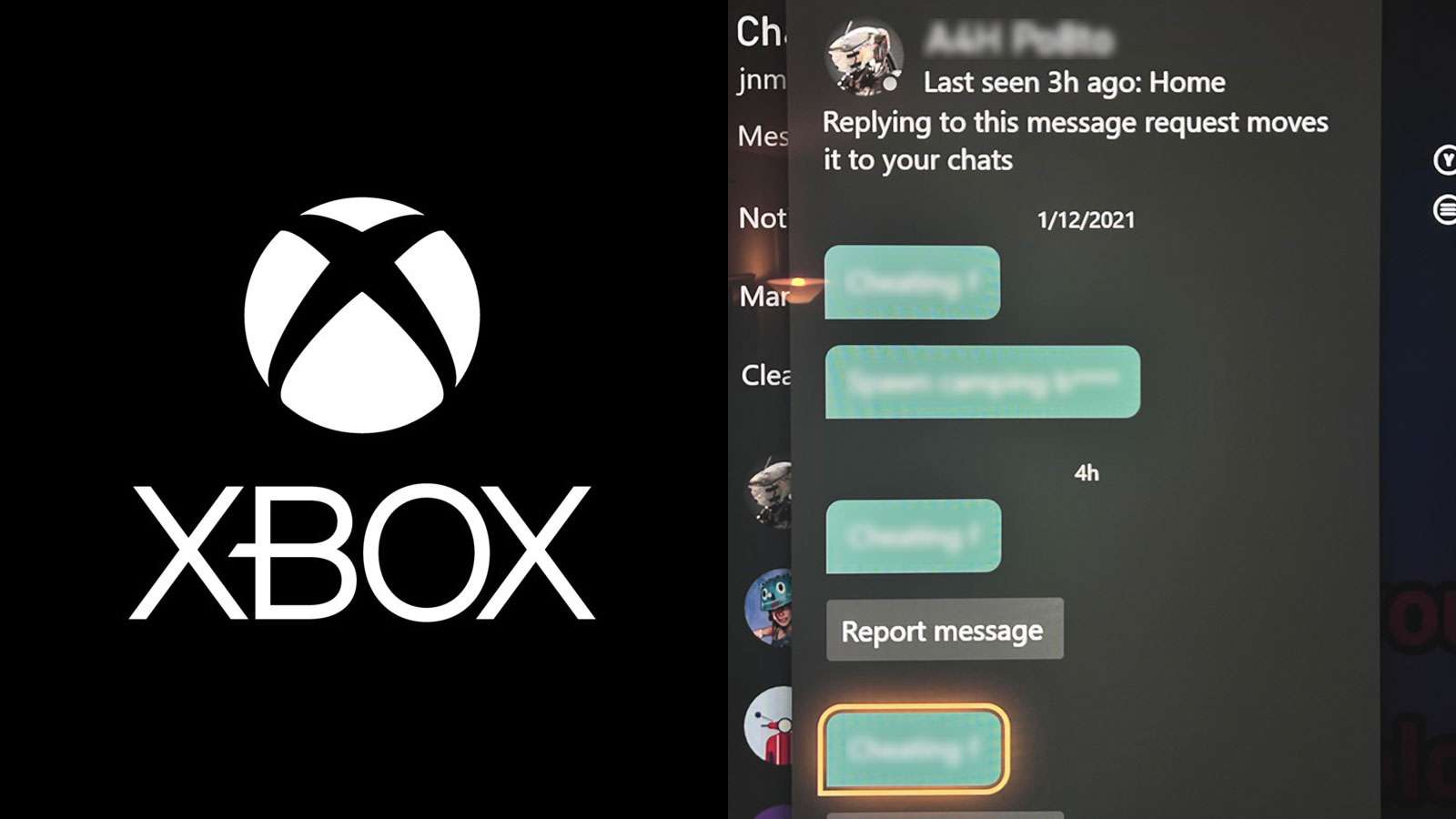 Xbox logo next to blurred chat messages from opponent