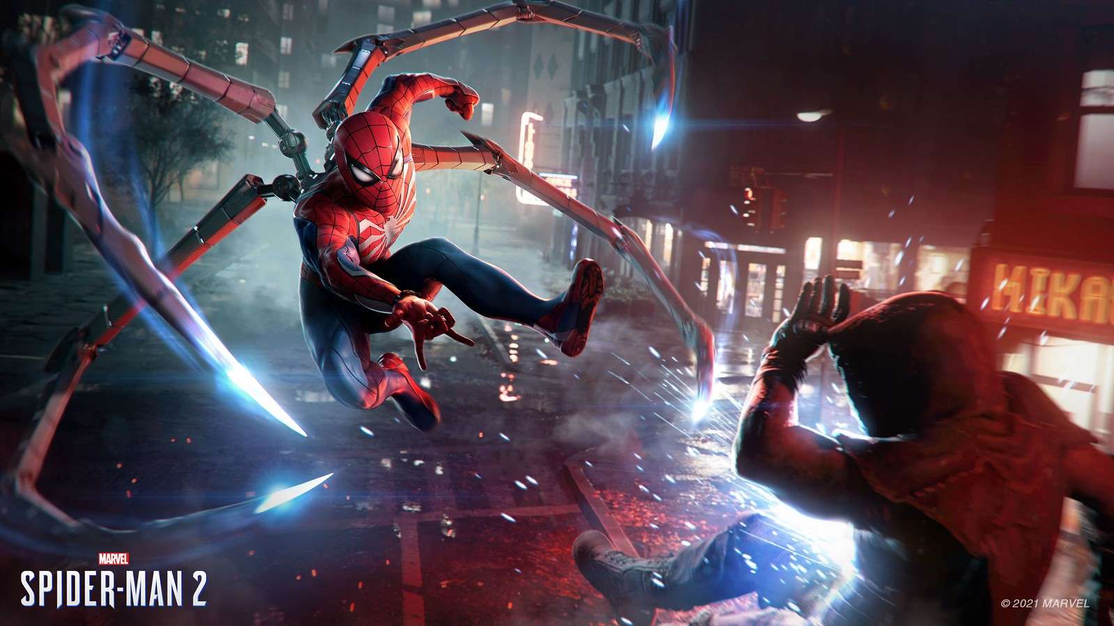 A promotional image from Marvel's Spider-Man 2 featuring Spider-Man in combat.