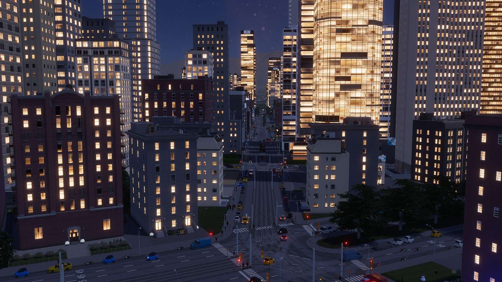 A city of skyscrapers at night in Cities Skylines 2