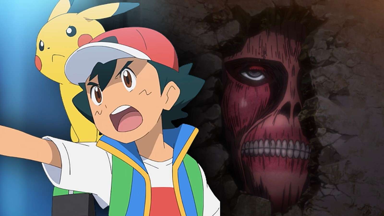 Ash and Pikachu from Pokemon and a Titan from Attack on Titan