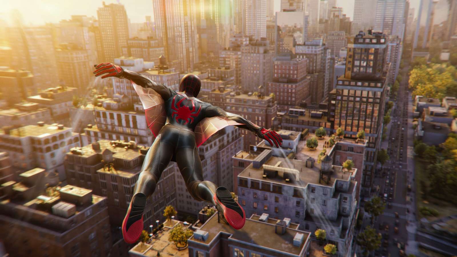 Miles Morales Spider-Man soaring through NY with his web wings