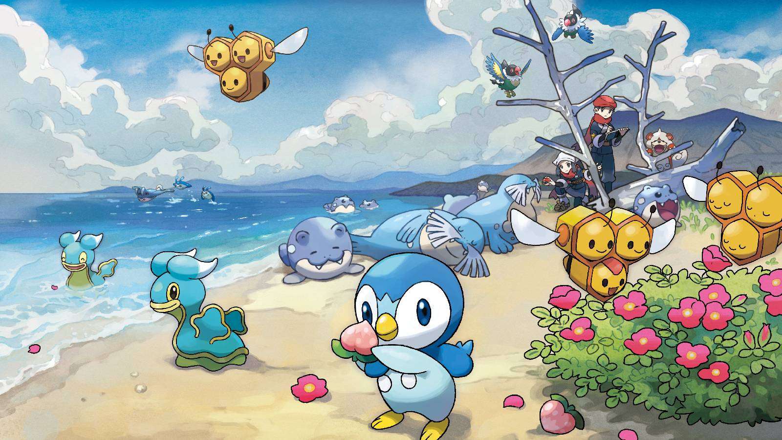 Promotional illustrated artwork for Pokémon Legend: Arceus shows several Pokémon - inclduing Piplup, Combee, and Spheal - all relaxing and exploring a beach