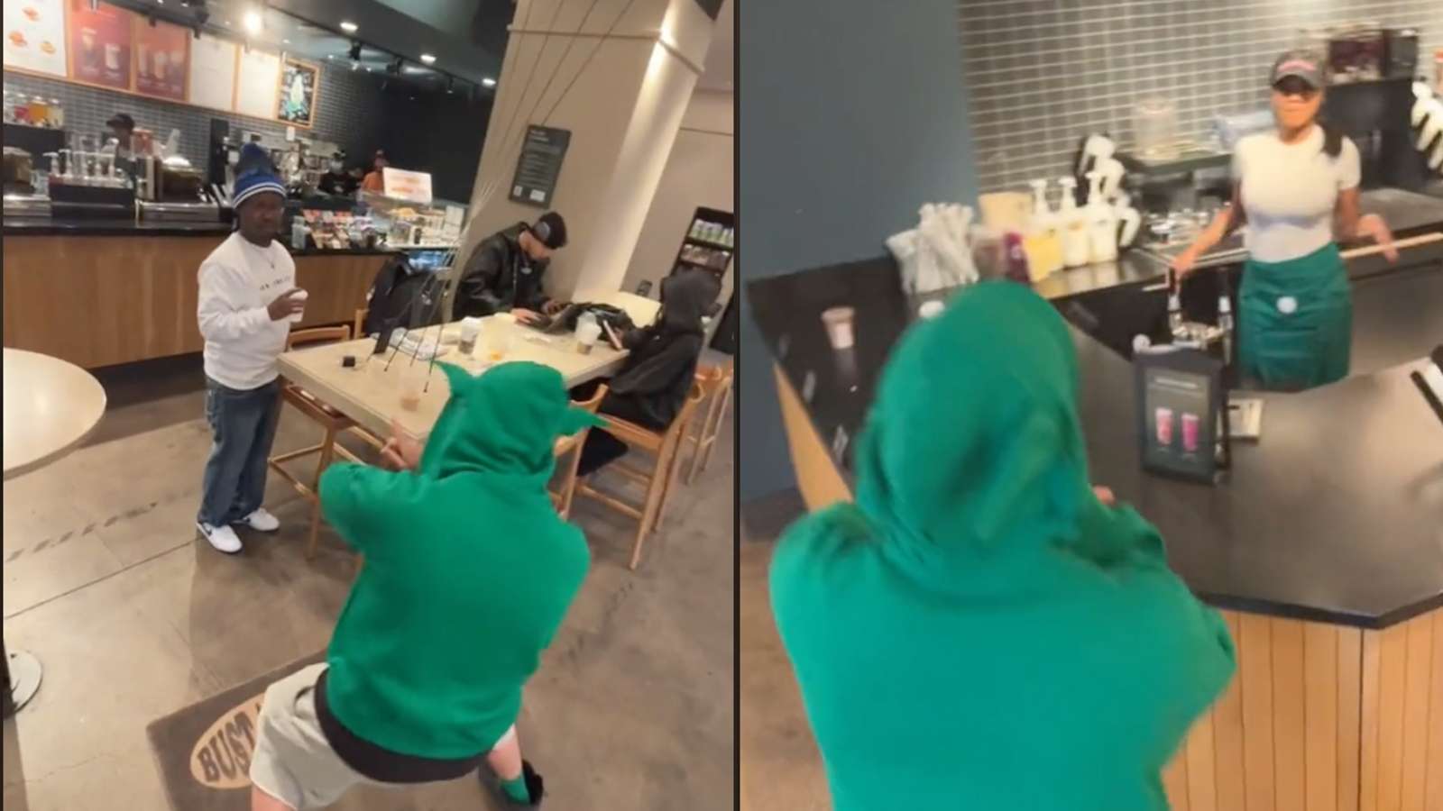 In this image, we see a TikTok star performing the 'Starbucks rizz', where he dances around the store surprising customers