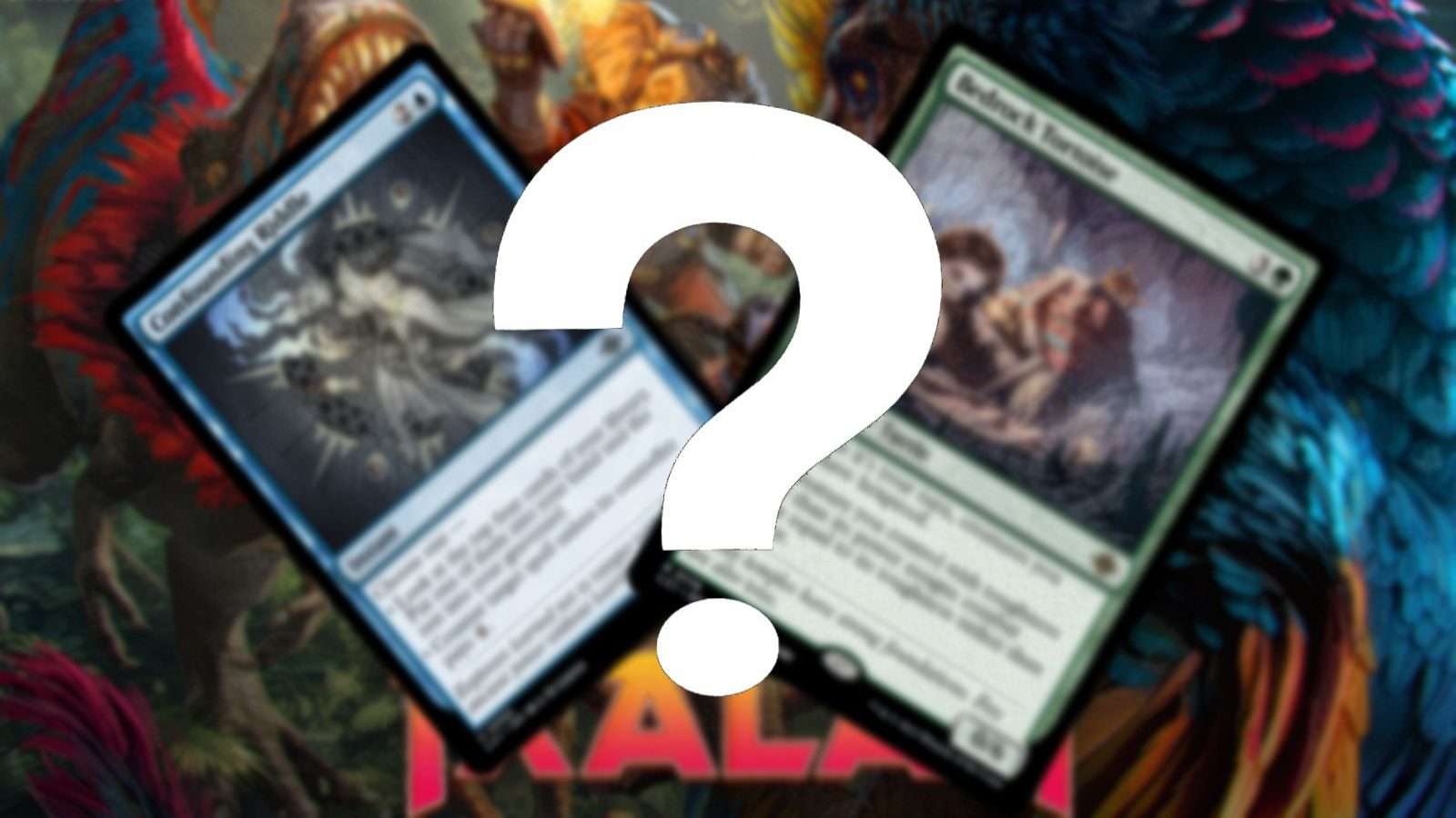 MTG Ixalan card reveal header, two cards on blurred background with question mark