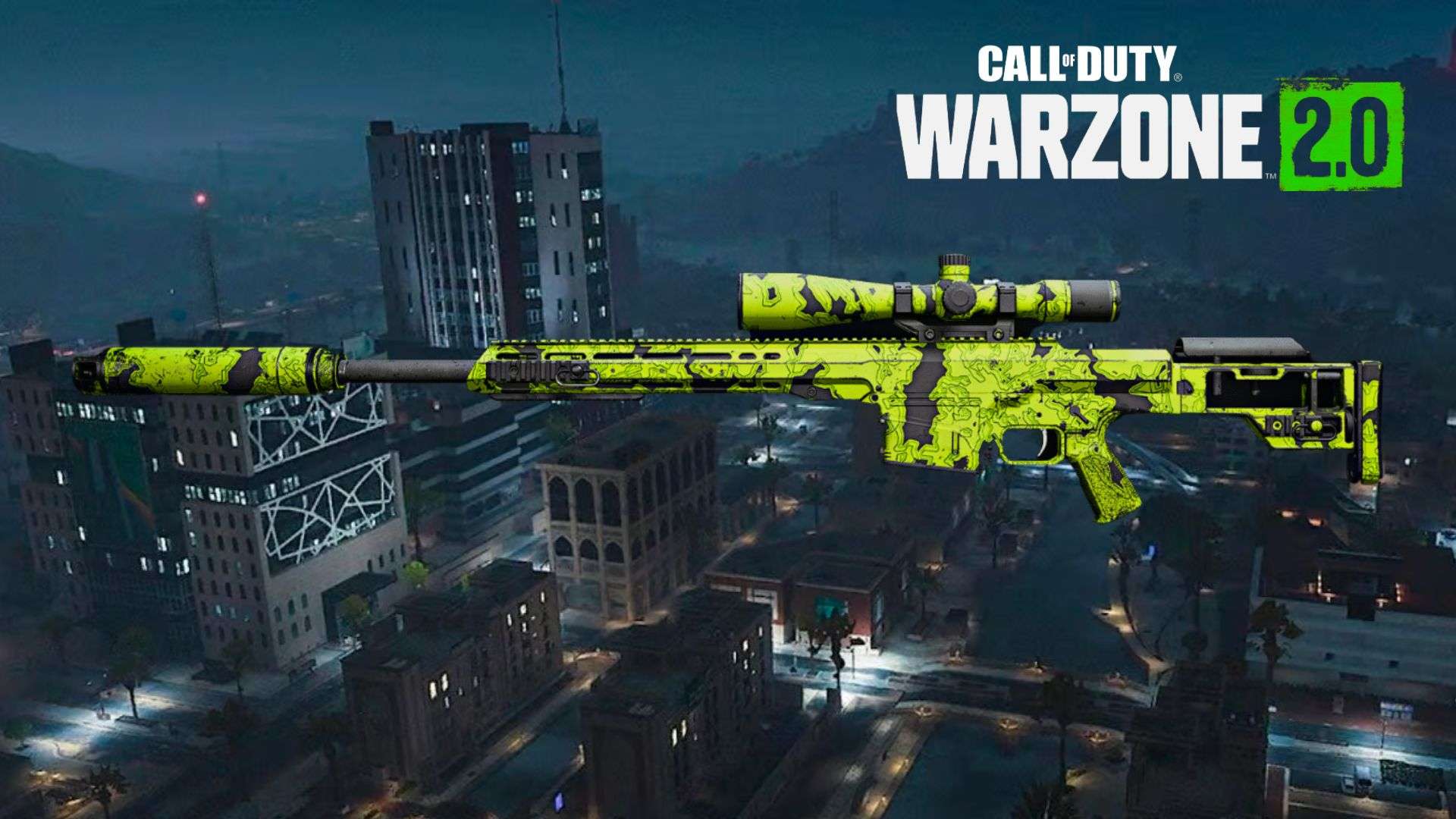 Green and black sniper skin in Warzone 2 on dark al mazrah map