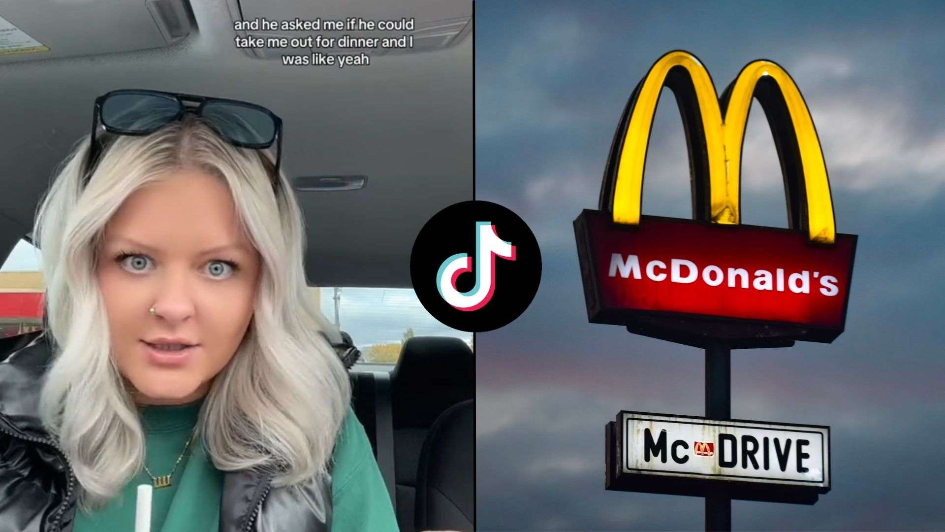 WOman sat in car in green jumper talking to jumper next to McDonalds logo