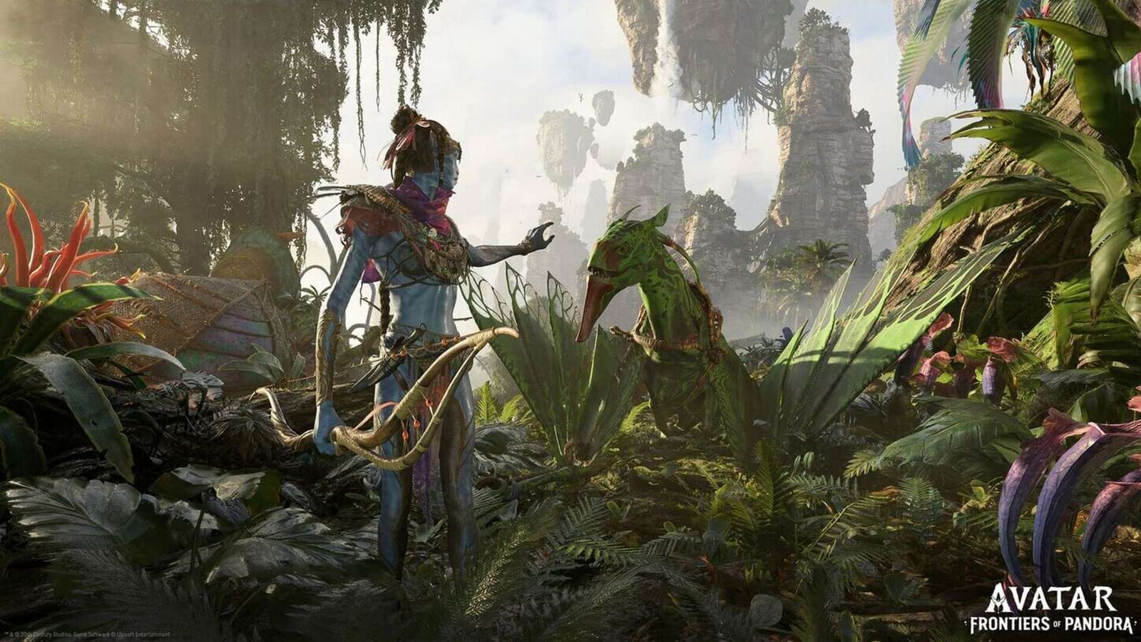 A Na'vi warrior wielding a bow and arrow in Avatar Frontiers of Pandora