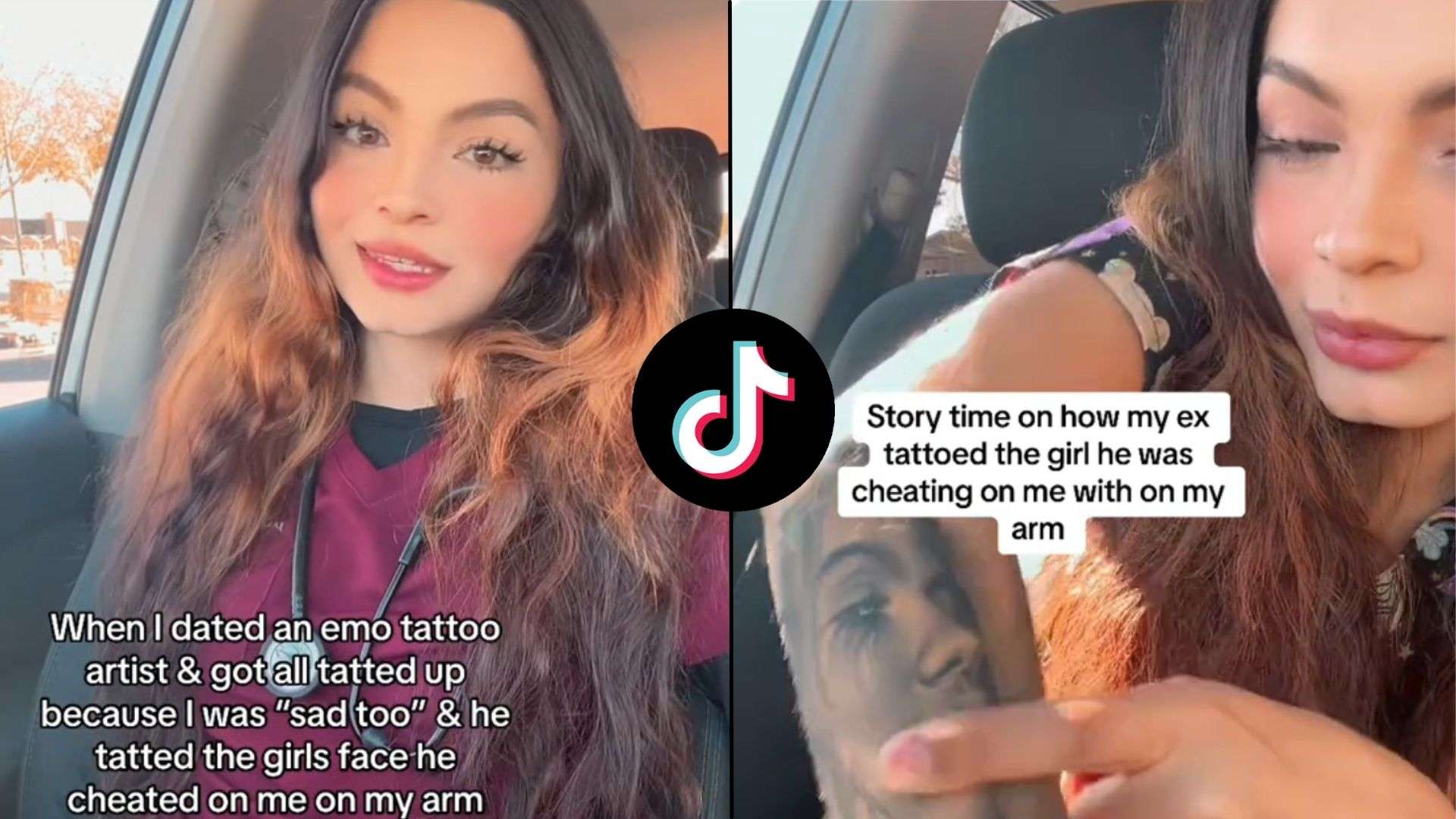 Woman showing off tatoo on tiktok with text around it