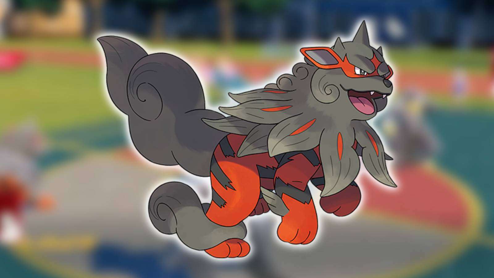 Hisuian Arcanine appears against a blurred background